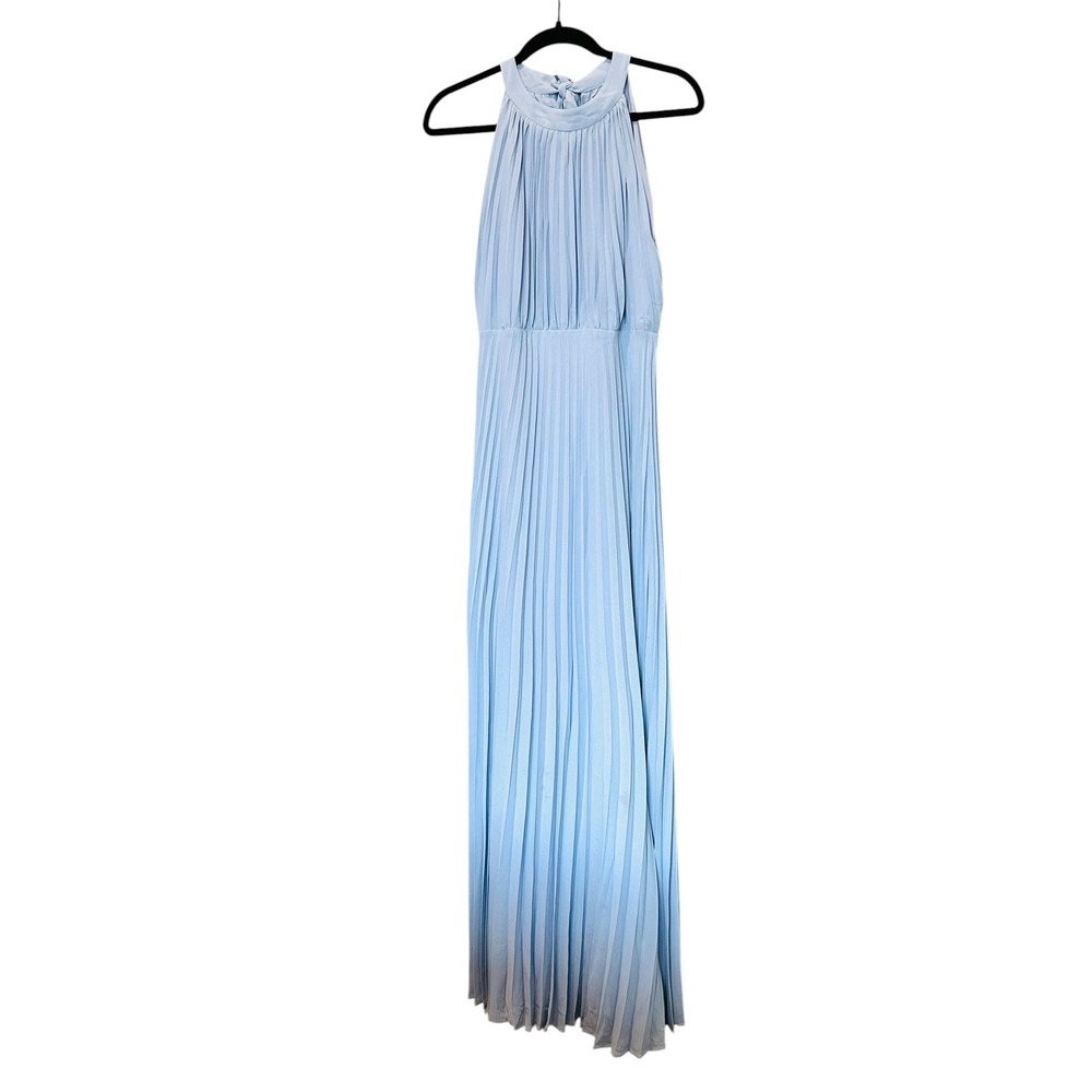 Halston Heritage Pleated Maxi Dress Light Blue Halter Gown Formal Size 8